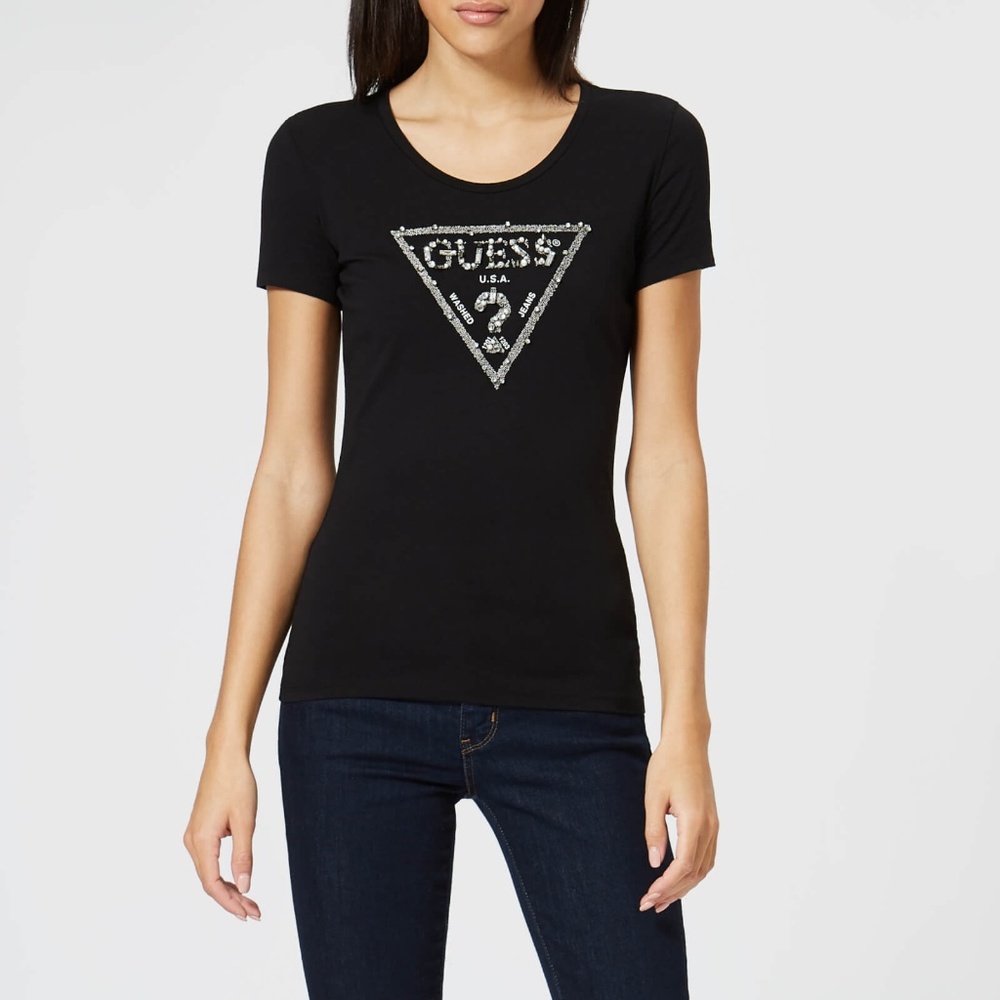 Guess Black Beaded Iconic Logo Tee like Revolve